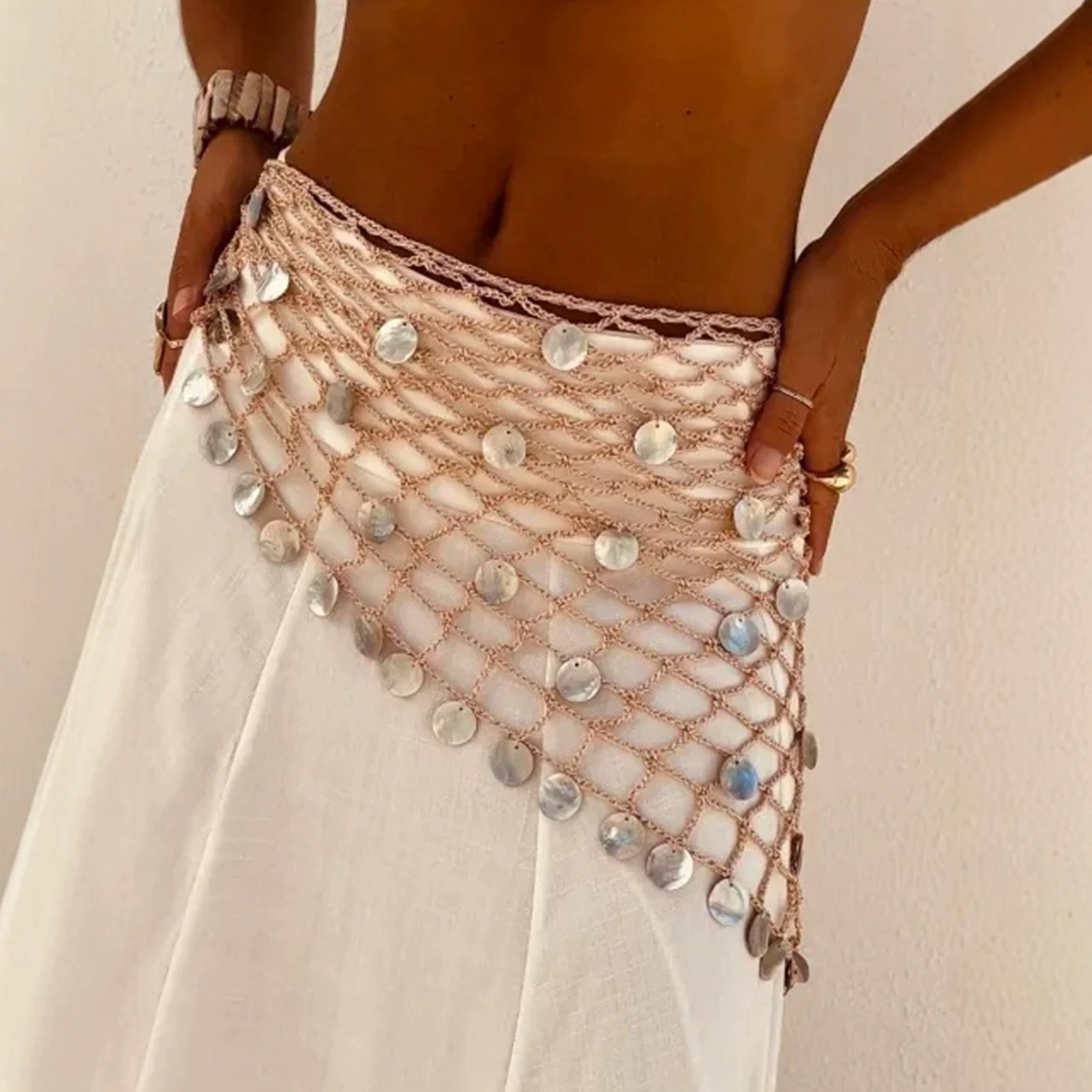2026 Summer Fashion European and American Resort Style Sequined Handmade Crochet Hollow-Out Skirt with Waist Decoration