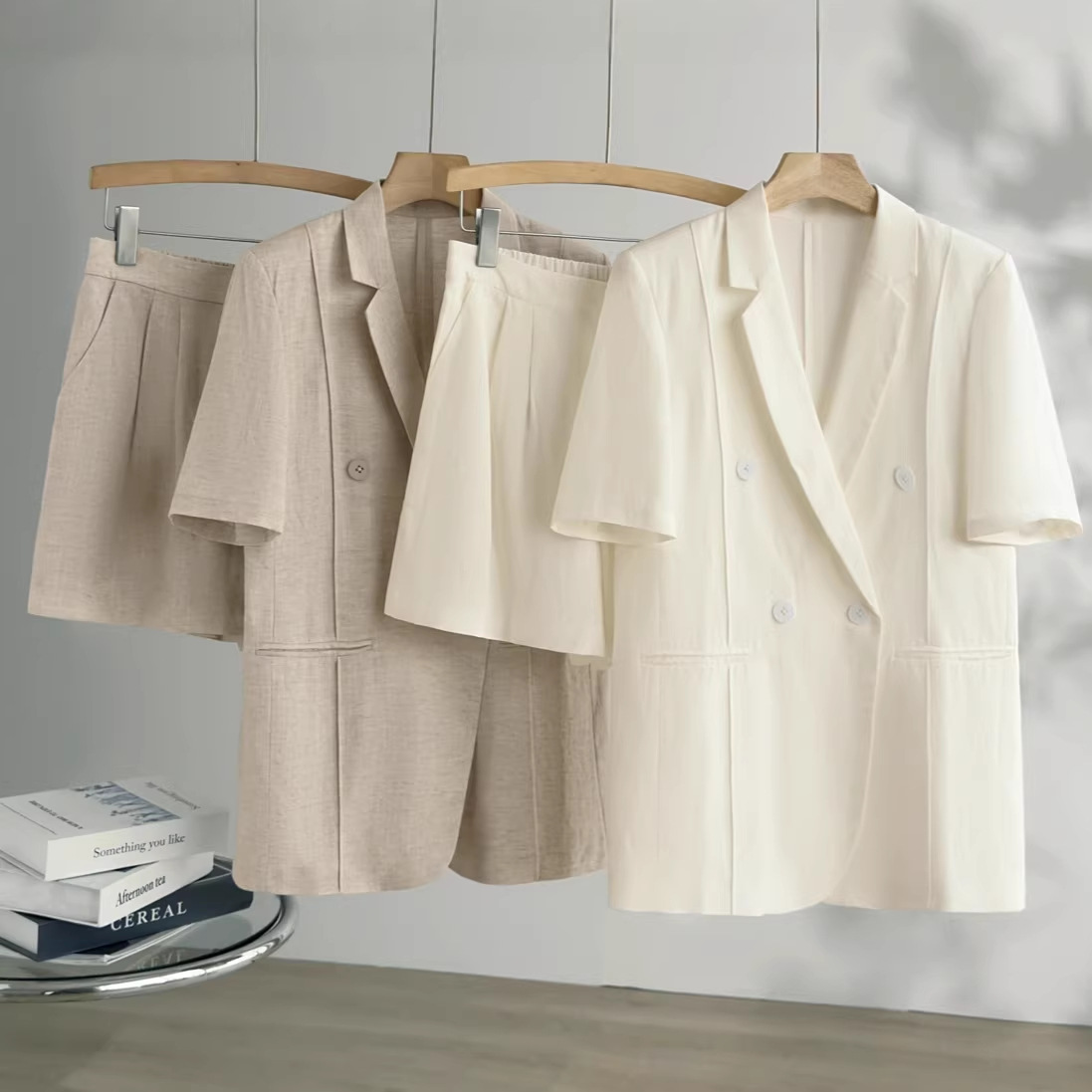 100 Linen Suit Pants Set for Women, Summer High-End Short-Sleeved White Suit Shorts Casual Two-Piece Set
