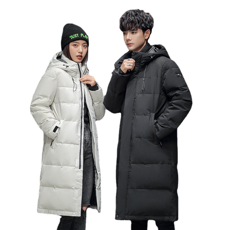 Invierno de los hombres abajo chaqueta juventud larga cubierta de la rodilla pato blanco abajo espesado abrigo moda pareja caliente ropa de trabajo abrigo