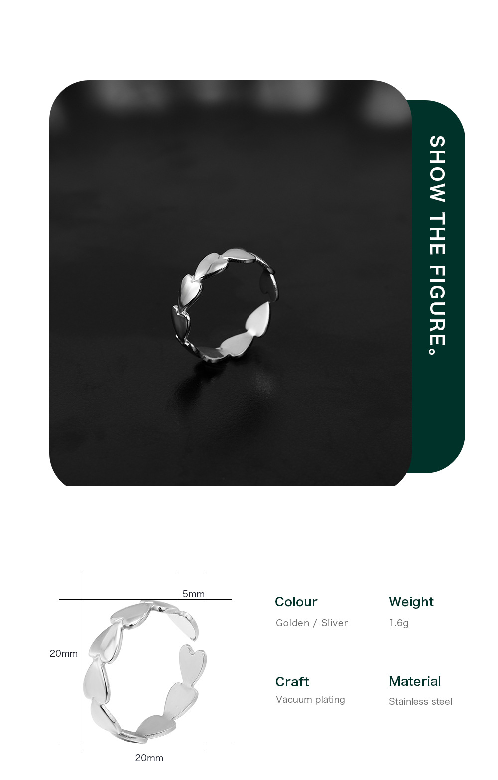 Fashion Heart Shape Stainless Steel Open Ring Plating Stainless Steel Rings