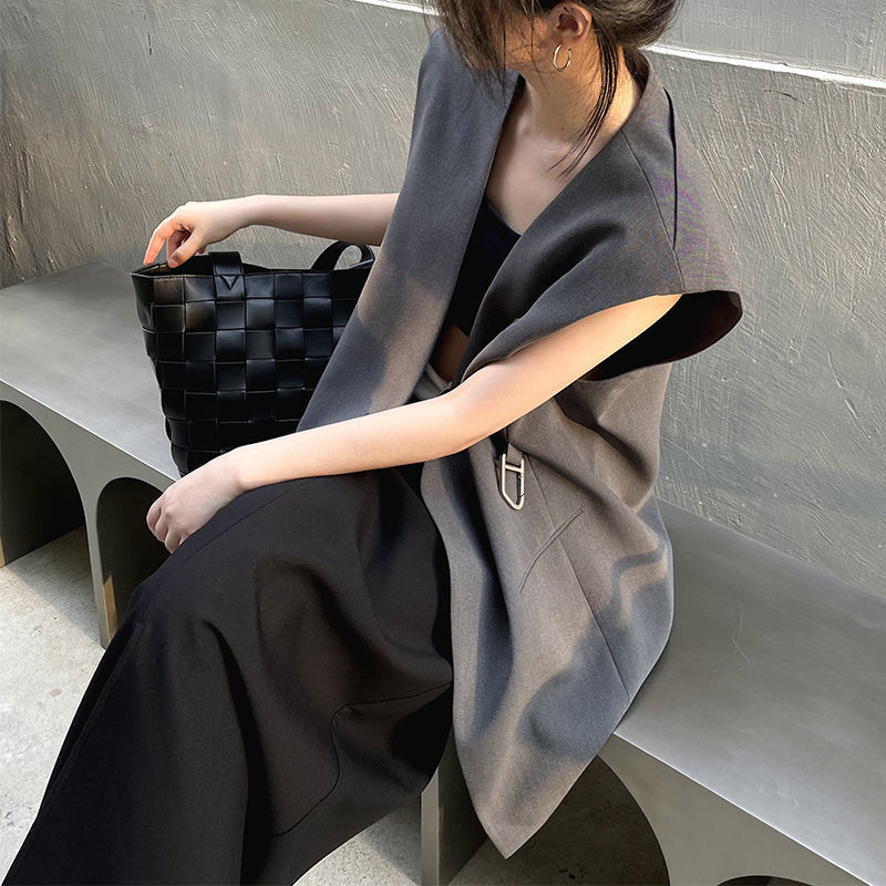 New Summer Design Collarless Vest Suit Vest for Women Korean Style Loose Mid-Length Sleeveless Jacket