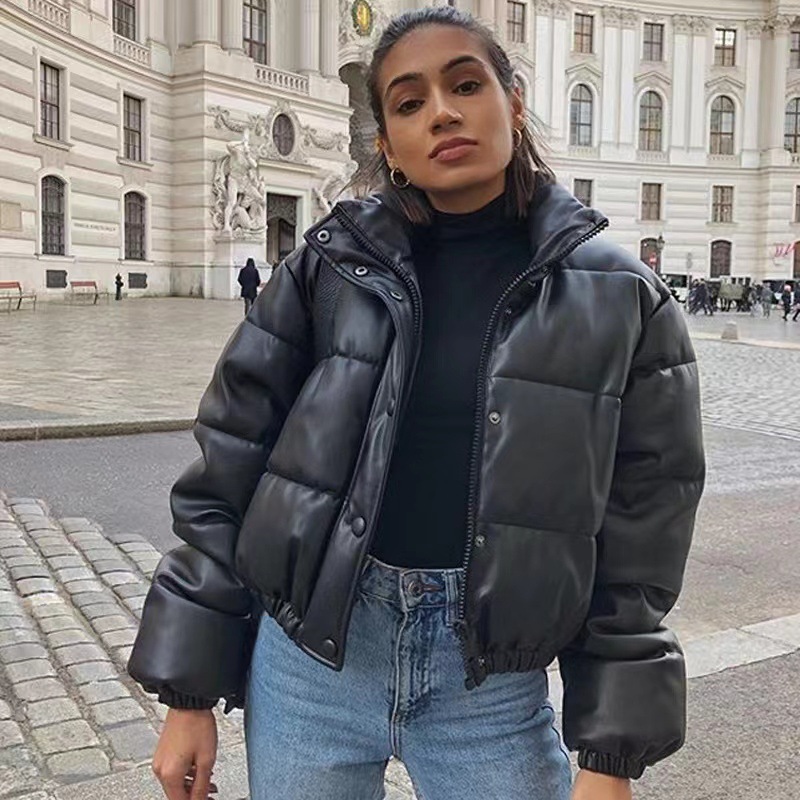 Damenbekleidung neuer Herbst- und Winter-Leder-Baumwollmantel mit Stehkragen, Lederjacke, warmer Kurzbrotmantel für Damen_voghion.com