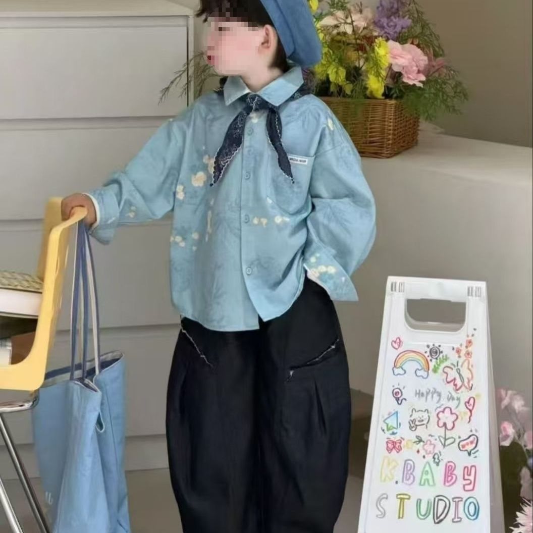 Artsy Boys' Shirt Set, 2026 Spring New Korean Style Printed Shirt with Curved Blade Casual Pants, Trendy for Toddlers