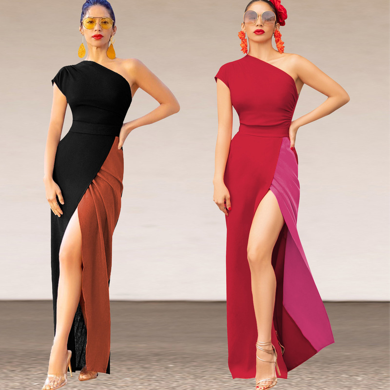 M3244 Amazon European and American Cross-border Colorblock Single Shoulder Long dress Wedding Guest Dress Elegant Style