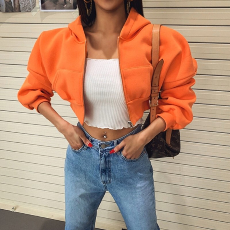 European and American Color Hooded Zipper Short Sports Sweater Cardigan Women's Loose Running Yoga Clothes Fitness Jacket New