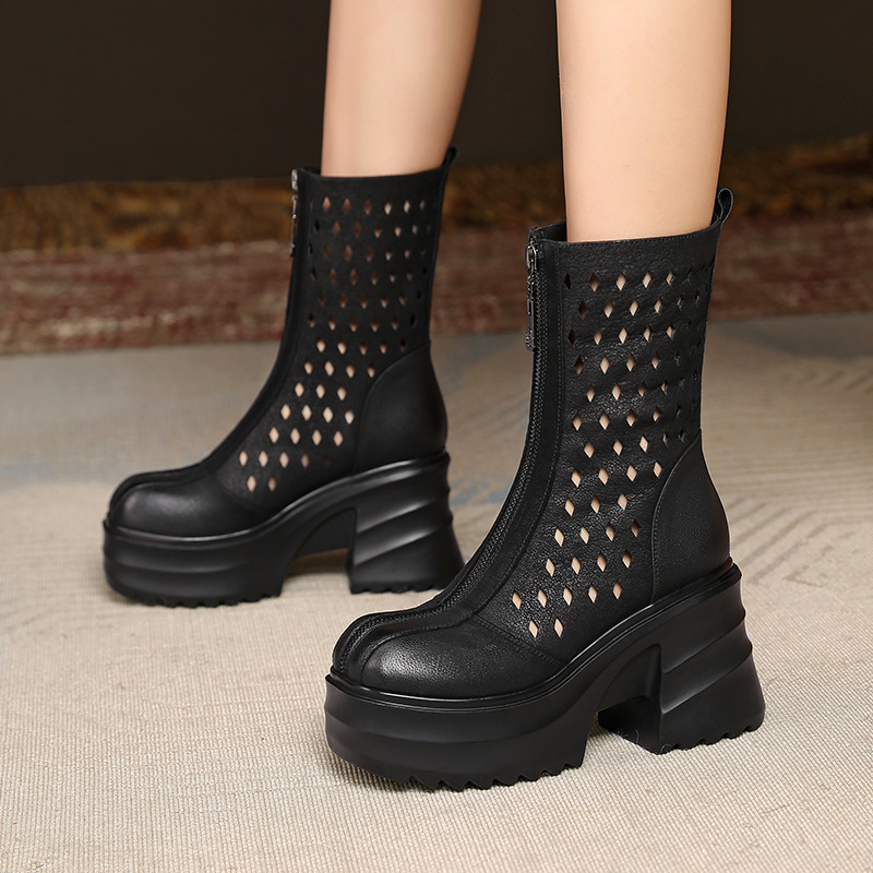 Boot nữ cổ điển khóa kéo phía trước gót dày 10 cm — Màu nâu