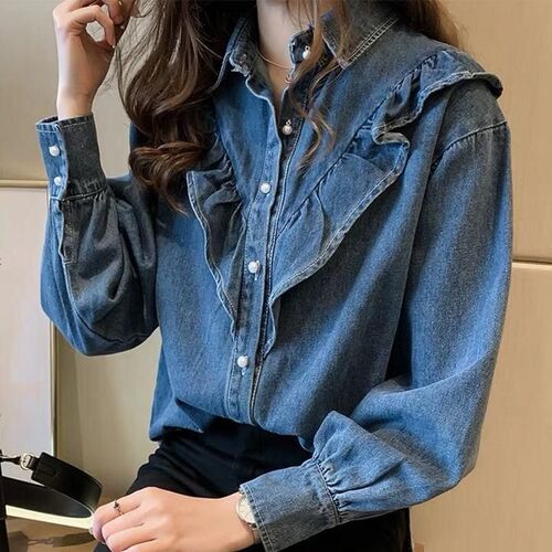 Spring and Autumn Large Size Women's Korean Style Denim Long-Sleeve Shirt, Youthful and New Bottom Shirt Wardrobe Matching