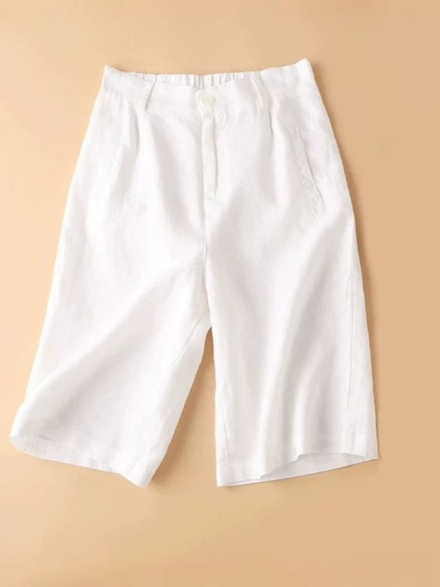 Quần short ống rộng 5 phần nữ chất liệu cotton linen màu cà phê kiểu dáng retro — Màu đen