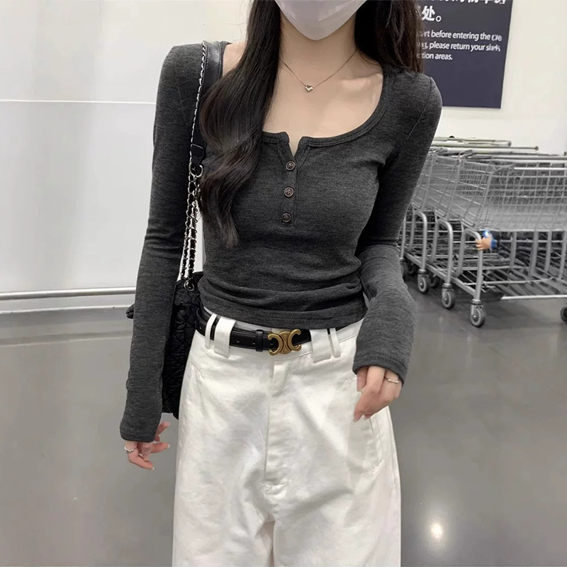 260g rayon autumn new stylish low-neck t-shirt, pure and sexy, square-neck long-sleeve slim-fit base layer top 260g rayon autumn new stylish low-neck t-shirt, pure and sexy, square-neck long-sleeve slim-fit base layer top