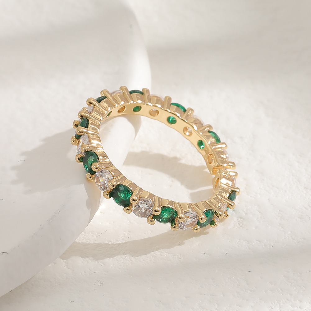 fashion copper micro-encrusted green and white zircon geometric tail ring female