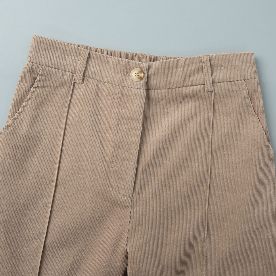 Quần ống rộng nữ cotton nhung kẻ sọc dáng suông lưng giữa phong cách retro — kaki nhạt, mơ chi tiết 6