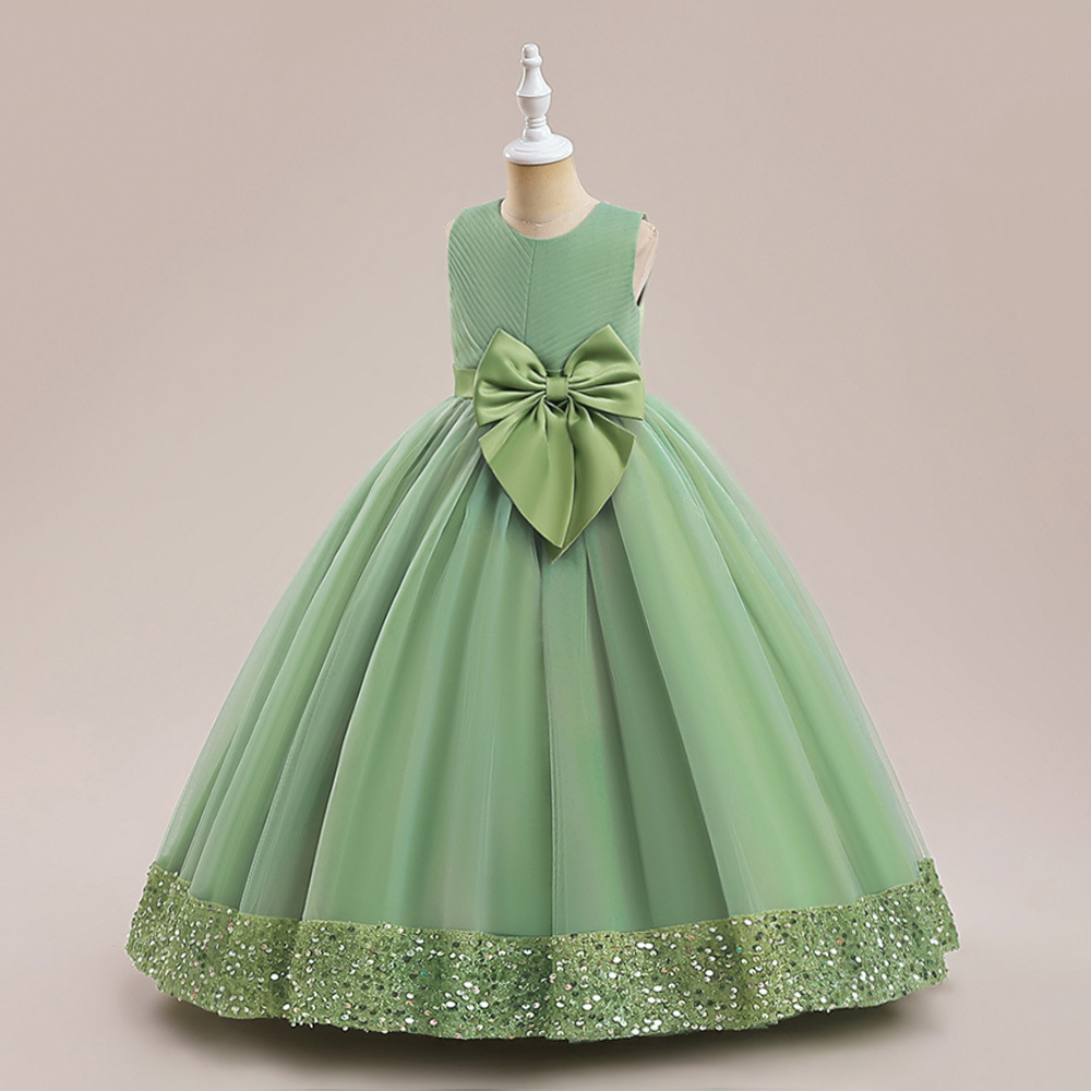 Europa y América nuevo vestido de lentejuelas niños arco princesa vestido de niña de las flores vestido de novia medio y grandes niños malla pettiskirt