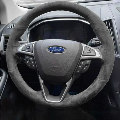 Custom-made hand-stitched steering wheel cover for Ford Mondeo, Ford Escort steering wheel cover, suede leather handle cover (Steering wheel cover) - ford-carbon-black-suede-non-porous-black-stitching-38cm