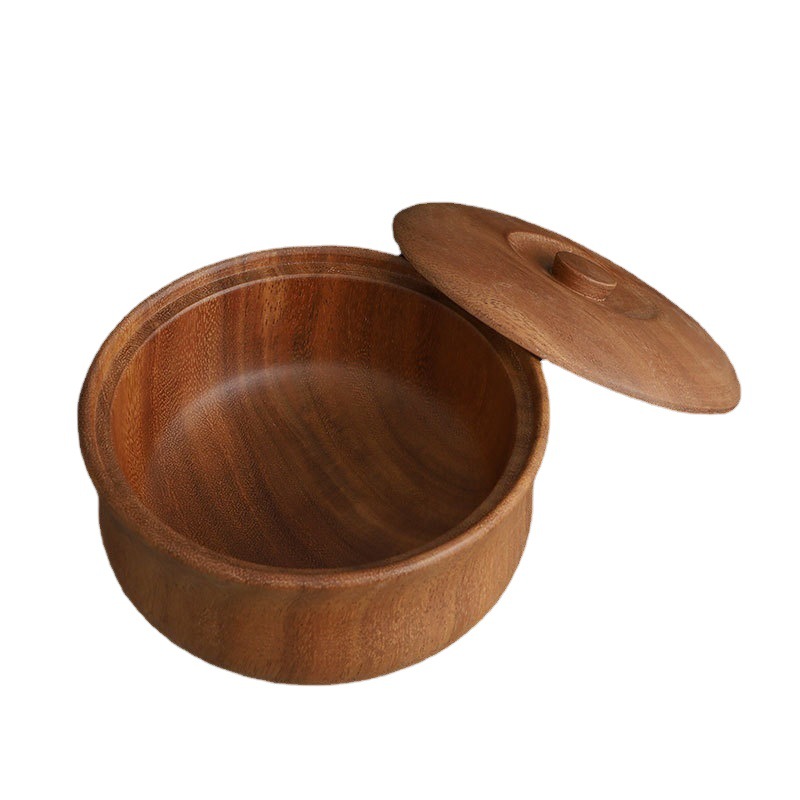 Suministro directo de fábrica madera maciza japonés y coreano tazón de fideos instantáneos fruta de excavación de madera entera con tapa madera de acacia tazón grande redondo en stock