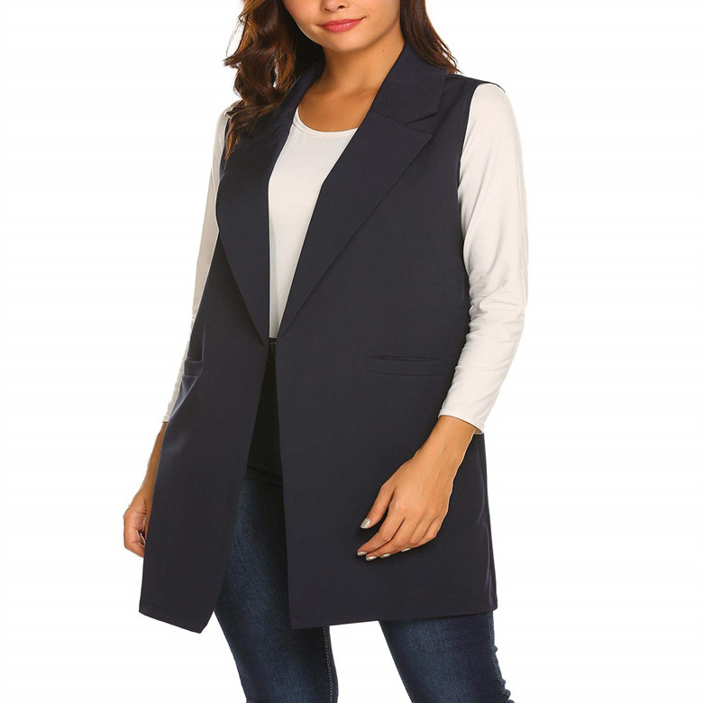 2022 europeo y americano transfronterizo verano elegante nueva ropa de mujer color sólido todo partido solapa sin hebilla cardigan traje largo chaleco