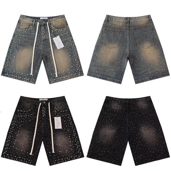 Cross-Border Trendy Brand Va&Le Rhinestone Beaded Elastic Washed Denim Shorts Unisex High Street Straight Casual Knee-Length Shorts