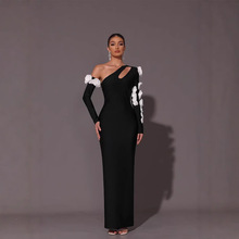 欧美绷带连衣裙立体白花性感斜肩镂空紧身时尚晚礼服跨境外贸非洲