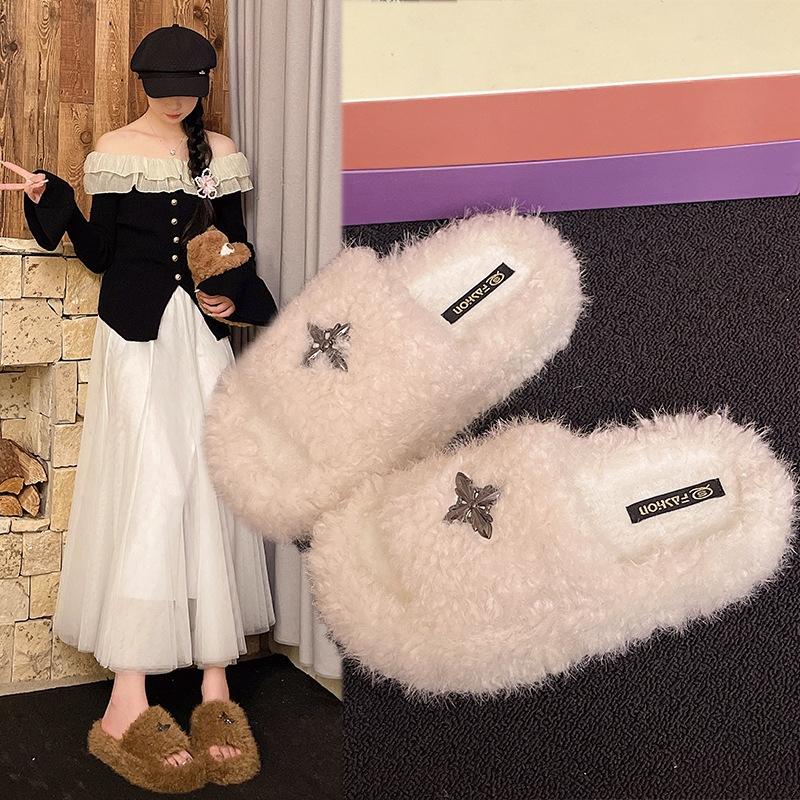 Thick-Soled Cross-Flower Furry Slippers for Women, New Outer Wear 2025 New White Velvet Outer Wear Thick-Soled One-Line Cotton Slippers Thick-Soled Cross-Flower Furry Slippers for Women, New Outer Wear 2025 New White Velvet Outer Wear Thick-Soled One-Line Cotton Slippers