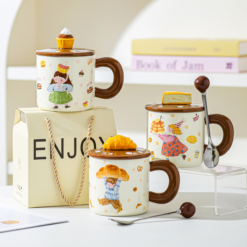 Pan de postre para niños y niñas tazas de cerámica tazas de pareja tazas de agua con tazas lindas cubiertas esmaltadas para dar chicas