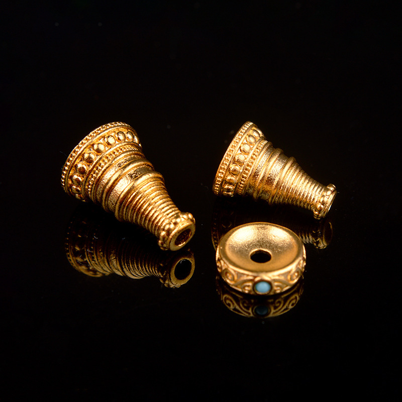 Gold-Plated Xizang-Style Jewelry Accessories Bracelet Parts Buddha Tower Three-Way Inlaid Turquoise Running Ring Spacer Ornaments