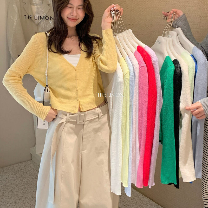 Lemon Green Tea High-Quality Candy-Colored V-Neck Knitted Cardigan for Women, Spring Simple Slim-Fit Sun-Protective Outerwear Lemon Green Tea High-Quality Candy-Colored V-Neck Knitted Cardigan for Women, Spring Simple Slim-Fit Sun-Protective Outerwear