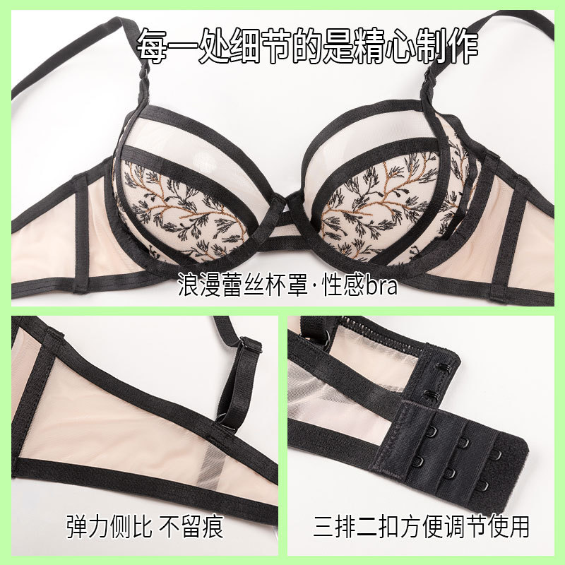 Conjunto de ropa interior sexy Sujetador bordado sexy de verano femenino delgado Sujetador de encaje de alta gama con pechos grandes y pequeños