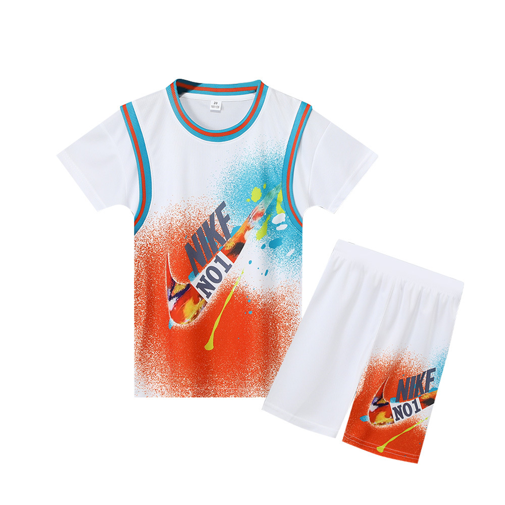 Children's Basketball Suit Boys and Girls Fake Two-piece Quick-drying Sports Training Suit Printed Short-sleeved Jersey Group Buying