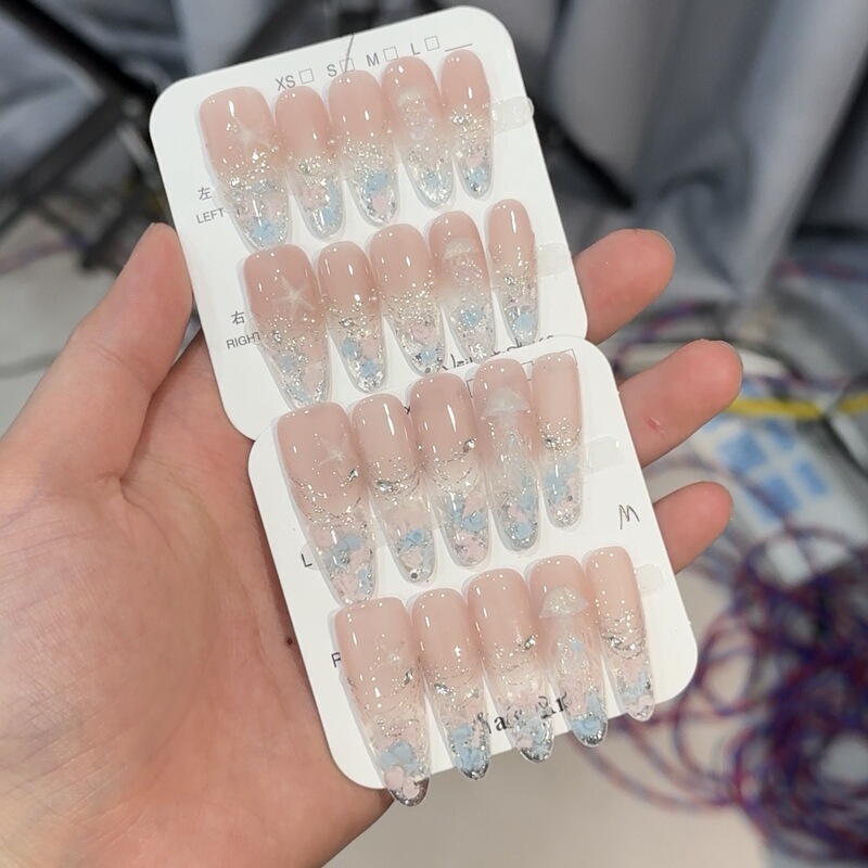 Underwater World - Ocean Ice Transparent Handmade Wearable Nails Polka Dot Cat Eye Manicure Removable Long Cat Eye Wearable Nails