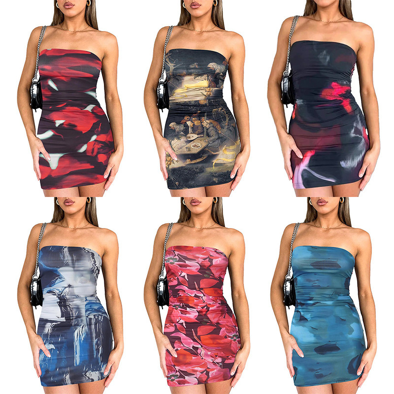 2025 Spring and Summer Foreign Trade New Amazon Tk Hot Selling Printed Wrapped Chest and Hip Elastic Sexy Tight Dress for Women