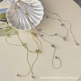 春夏轻奢法式小众设计锆石水晶花朵双层叠带高级感长款项链毛衣链