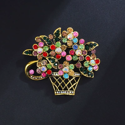 New Stylish and Exquisite Alloy Enamel Flower Basket Brooch, Versatile for Women's Suits and Cardigans, Accessory Pin