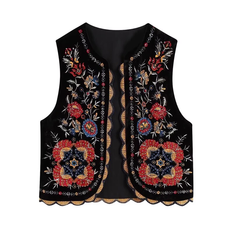 Cross-Border Wholesale New Women's Clothing European and American Round Neck Flower Embroidery Lace Sleeveless Vest Vest Jacket Polyester Cardigan