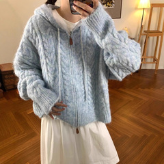 韩版宽松慵懒风连帽双拉链针织开衫女2025秋冬季麻花毛衣外套上衣