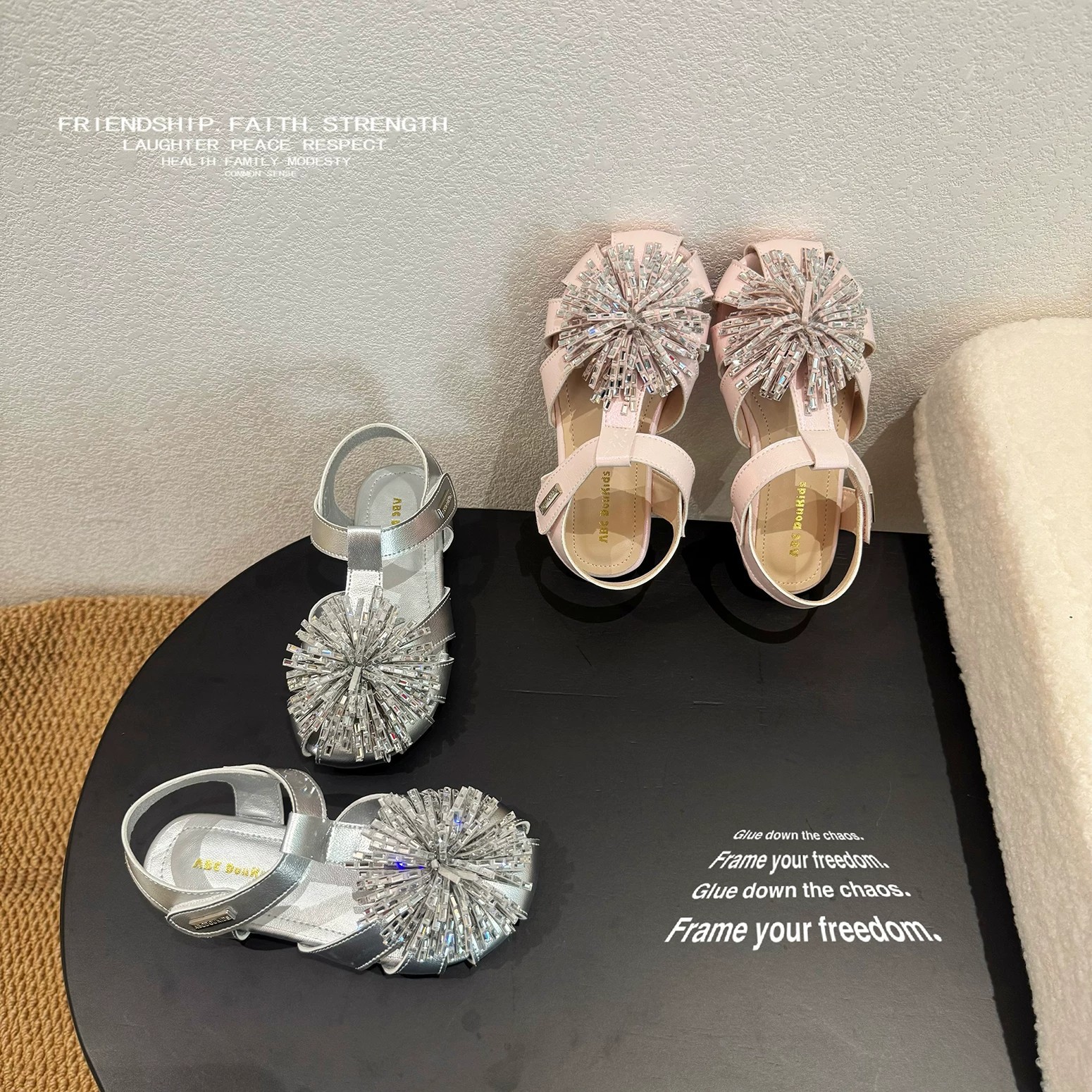 Cute romantic and delicate summer sandals with rhinestones