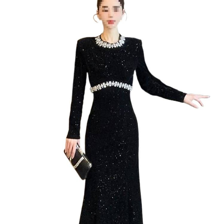 European-style Black For Women, Spring Collection, Heavy-duty Rhinestone Embellished Party Gown, Light Luxury Fishtail_ecoleips.com