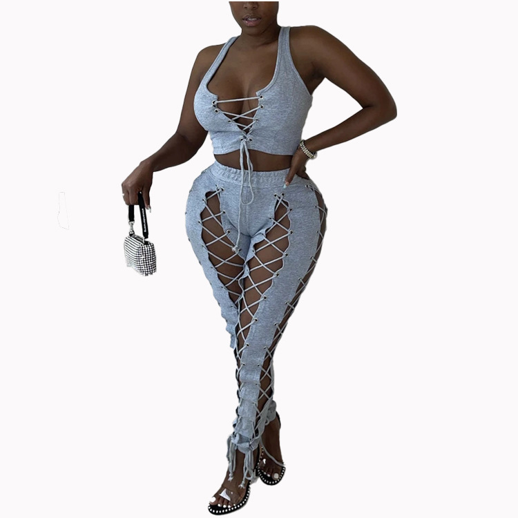 straps decoration drawstring deep V-neck camisole and pants two-piece suit NSFH128473