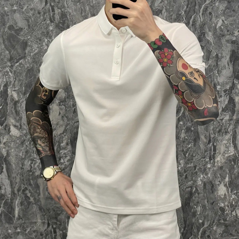Summer Men's Trendy Brand Short-sleeved T-shirt Internet-famous Same Style Slim-fit Lapel Ice Silk Cotton POLO Shirt Solid Color Casual