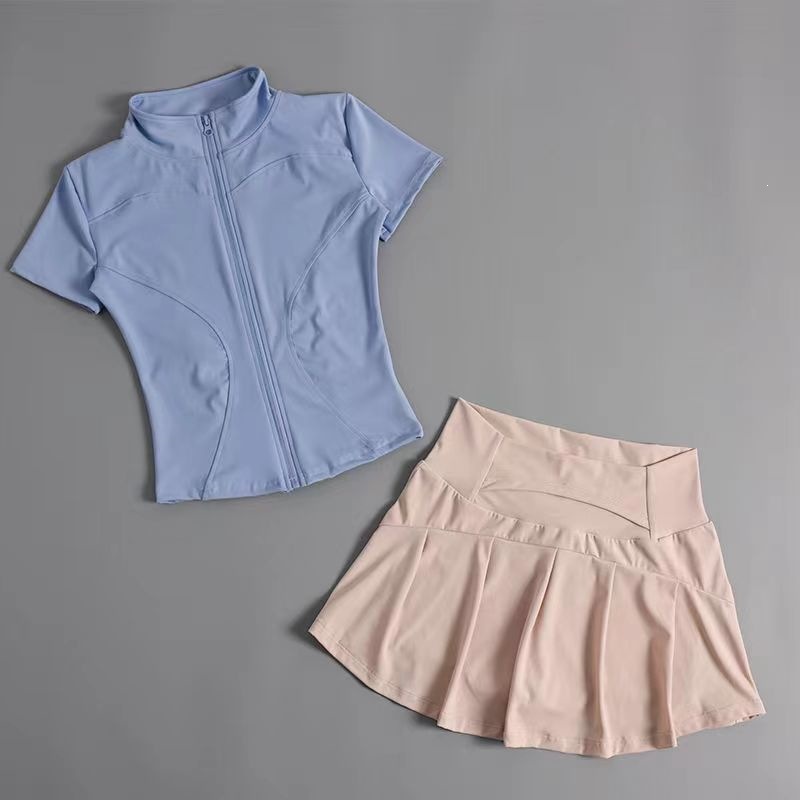 Women's slim-fitting, quick-drying sports jacket, short-sleeved yoga top, Pilates training running badminton skirt