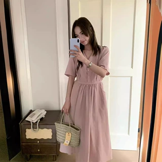 实拍韩系chic简约纯色气质系带收腰连衣裙女夏季V领中长款裙67211