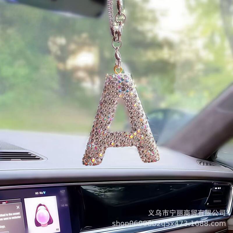 Light Luxury Ceramic Clay Full Diamond Car Interior Accessories Pendant Women's Rearview Mirror Pendant Pendant Hanging Decoration English Letters