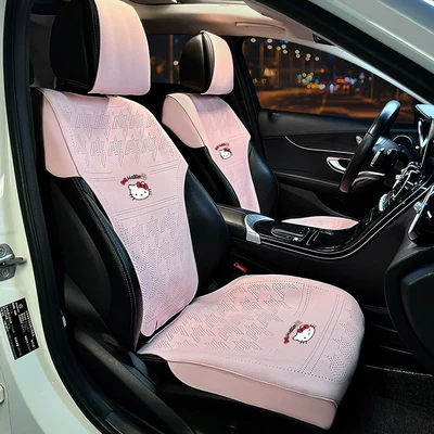 Seat cushion, seat cover silk breathable thin seat cover, all-season - red-bow-cat-pattern-pink-houndstooth-front-row-semi-wrapped-saddle-pad-backrest-includes-headrest-cover-4-piece-set