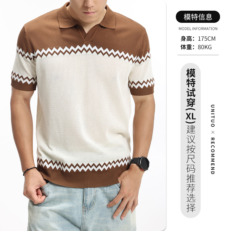 Verano hombre Paul rayas de punto gaviota cuello hielo seda polo camiseta de manga corta hombre casual de alto nivel con solapa ropa de hombre