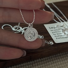 S925纯银女王头像圆牌项链潮流简约复古个性创意设计颈链一件代发