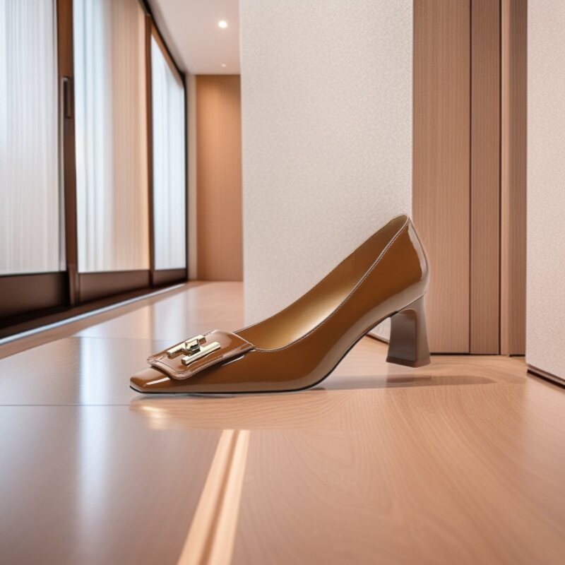 Women's Patent Leather High Heels with Square Toe, Chunky Heel, French-Style Gold H Buckle, Caramel Retro Style, Comfortable Shallow Mouth Single Shoes Women's Patent Leather High Heels with Square Toe, Chunky Heel, French-Style Gold H Buckle, Caramel Retro Style, Comfortable Shallow Mouth Single Shoes