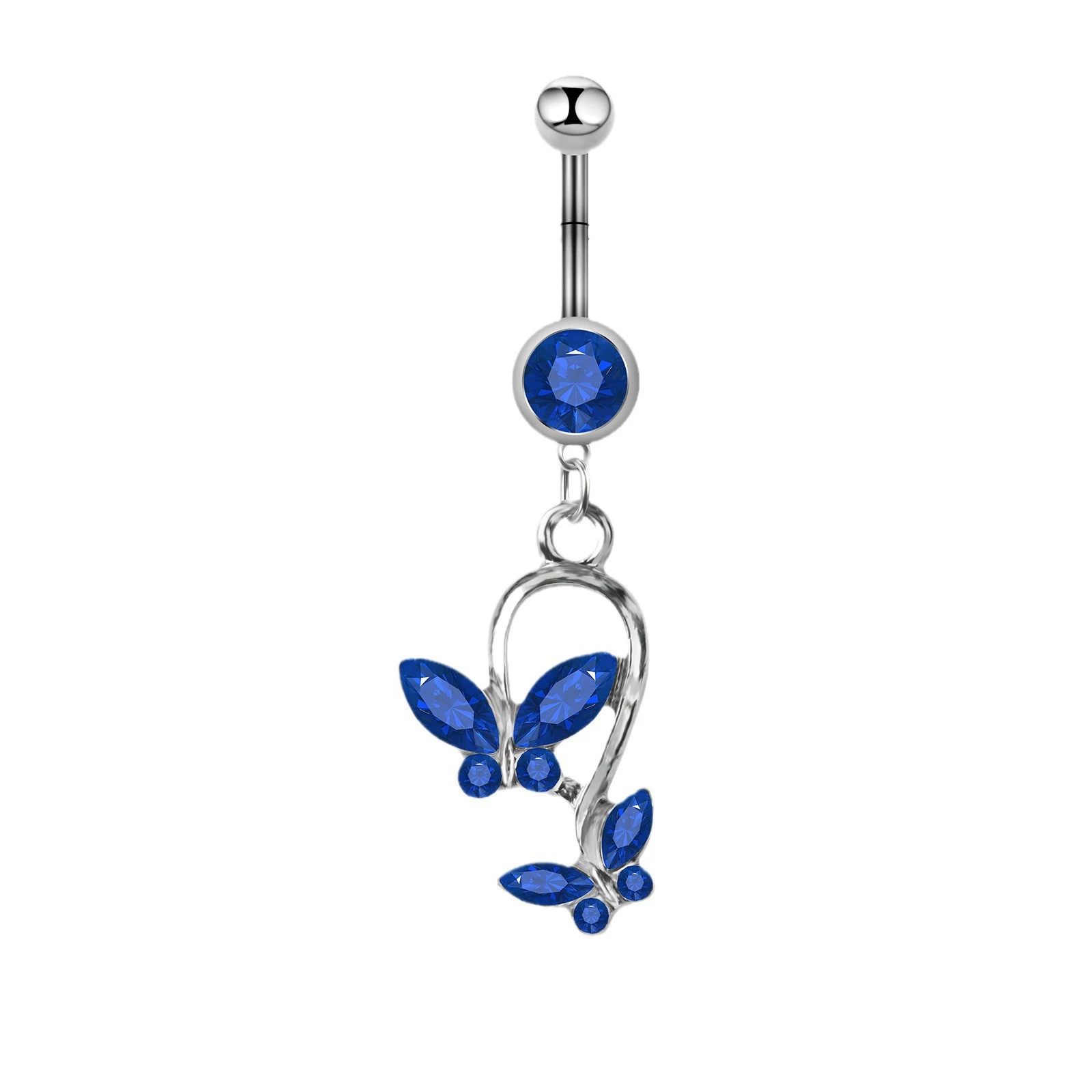 Belly Button Ring, Butterfly Dangle, 316L Surgical Steel Bar, 1.6×11 mm, Crystal Inlay
