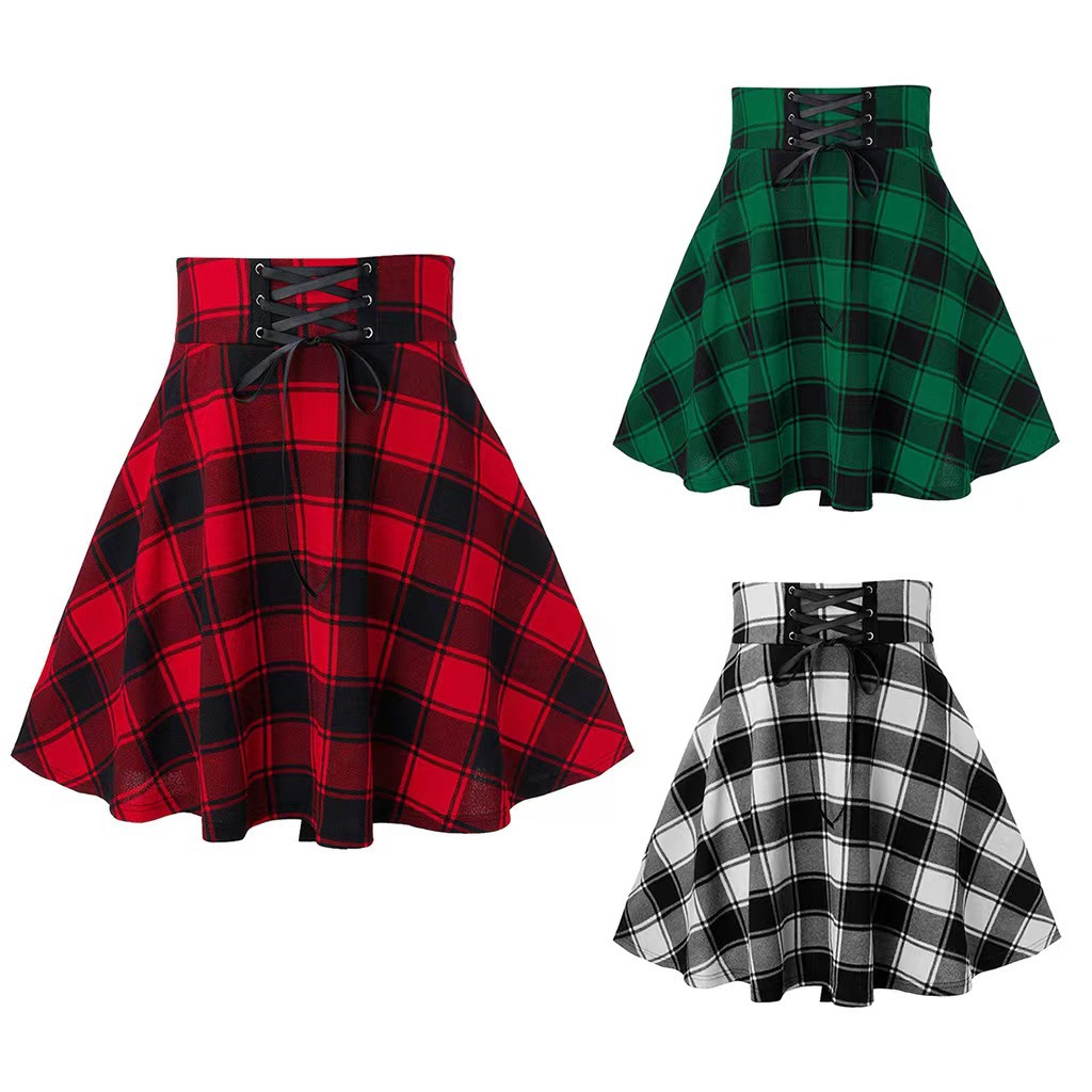 2023 European and American Foreign Trade Amazon new fashion Plaid lace-up skirt