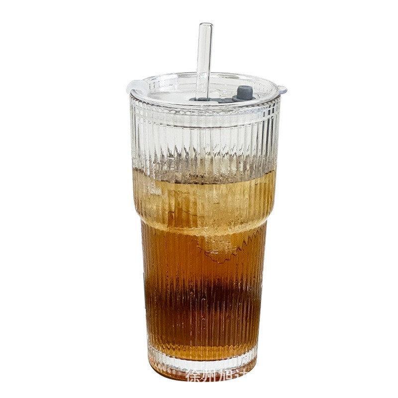 Transfronterizos ecológicos tazas de vidrio a rayas verticales tazas de café tazas de jugo tazas de agua de gran capacidad tazas domésticas con paja con cubierta