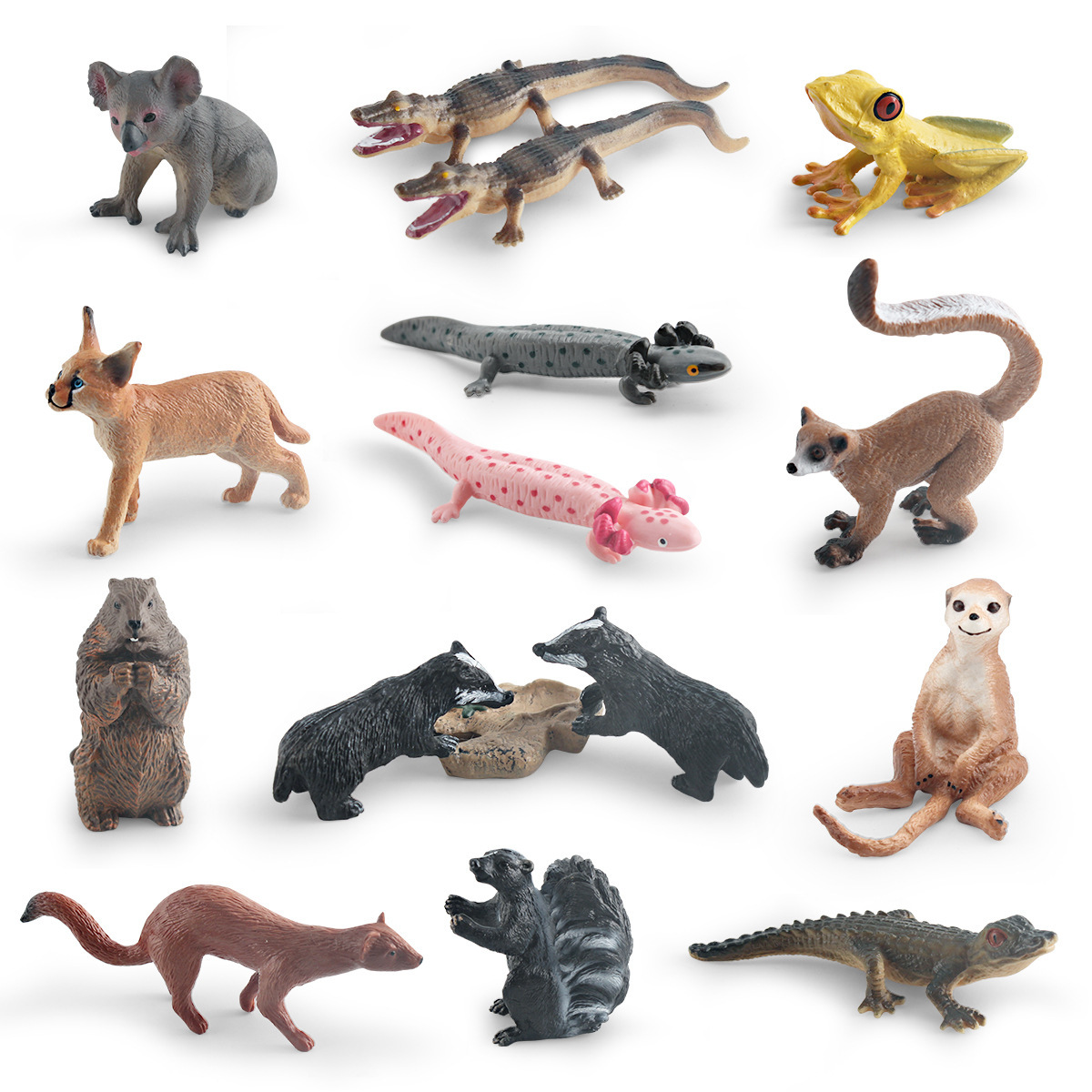 Simulación transfronteriza bosque animal de cola larga mono rana de árbol cocodrilo Koala Weasel mofeta tejón salamandra modelo adornos