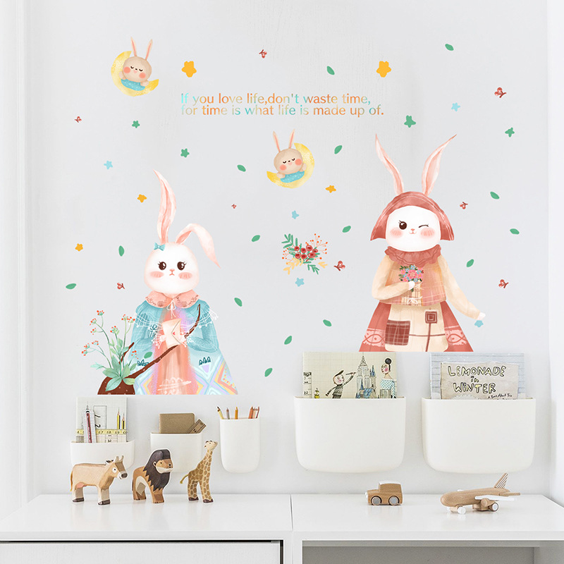 New Cartoon Cute Two Little Rabbits Children's Room Decoration Wall Stickers Wholesale Nihaojewelry display picture 3