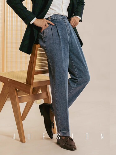 Neapolitan Retro High-Waisted Straight Leg Pants - Japanese Gentleman's Stylish Mix of Heavy-Duty Washed Denim Leisure Trousers